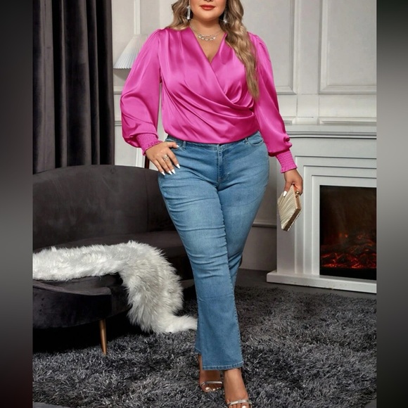 Luxe hot pink bishop sleeve surplice neck shirred cuff blouse - Picture 3 of 16